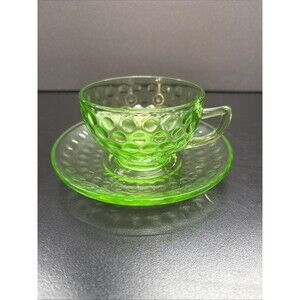 Federal Green Depression Glass Uranium Cup & Saucer Hobnail